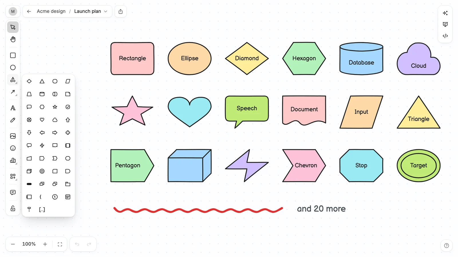 Koboyo's shapes menu open next to a grid of pastel shapes